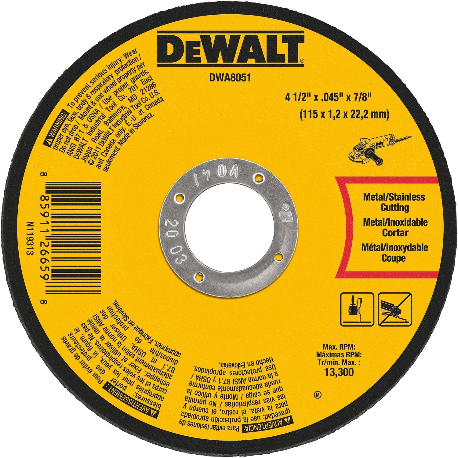 DeWalt 4-1/2 in. D X 7/8 in. X.045 in. thick Aluminum Oxide Metal Cutting Wheel 1 pc
