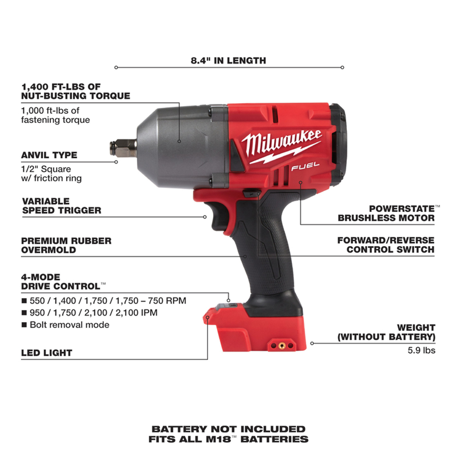 Milwaukee M18 FUEL 18 V 1/2 in. Cordless Brushless High Torque Impact Wrench Tool Only