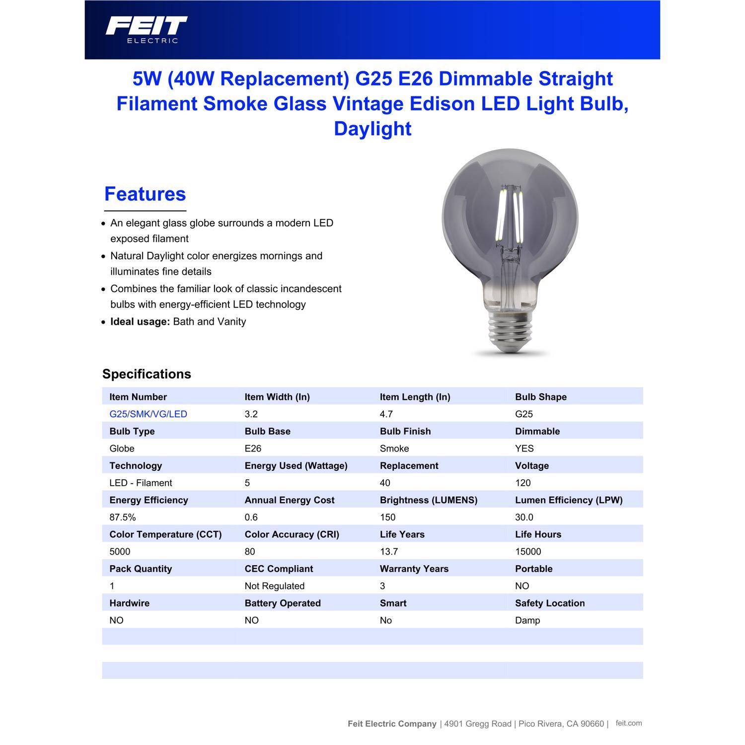 Feit G25 E26 (Medium) Filament LED Bulb Smoke Daylight 40 Watt Equivalence 1 pk