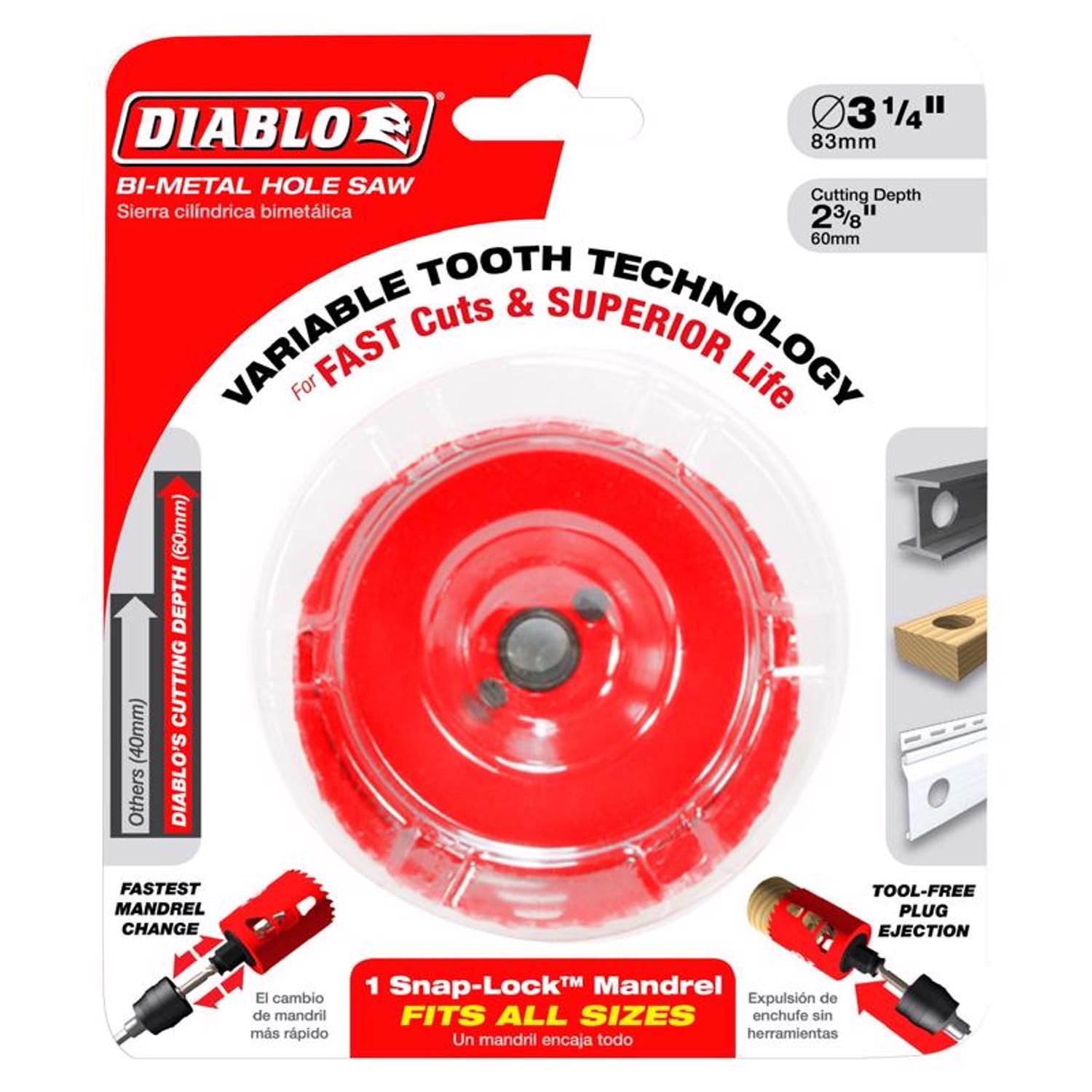 Diablo Snap-Lock Plus 3-1/8 in. Bi-Metal 2-3/8 in. L Hole Saw Arbor Included