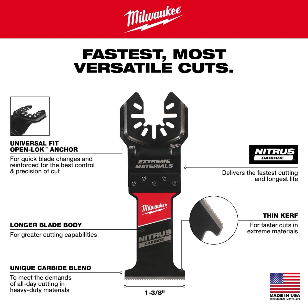 Milwaukee 1-3/8in. NITRUS Carbide Extreme Materials Universal Fit Oscillating Multi-Tool Blade (1 Pack)