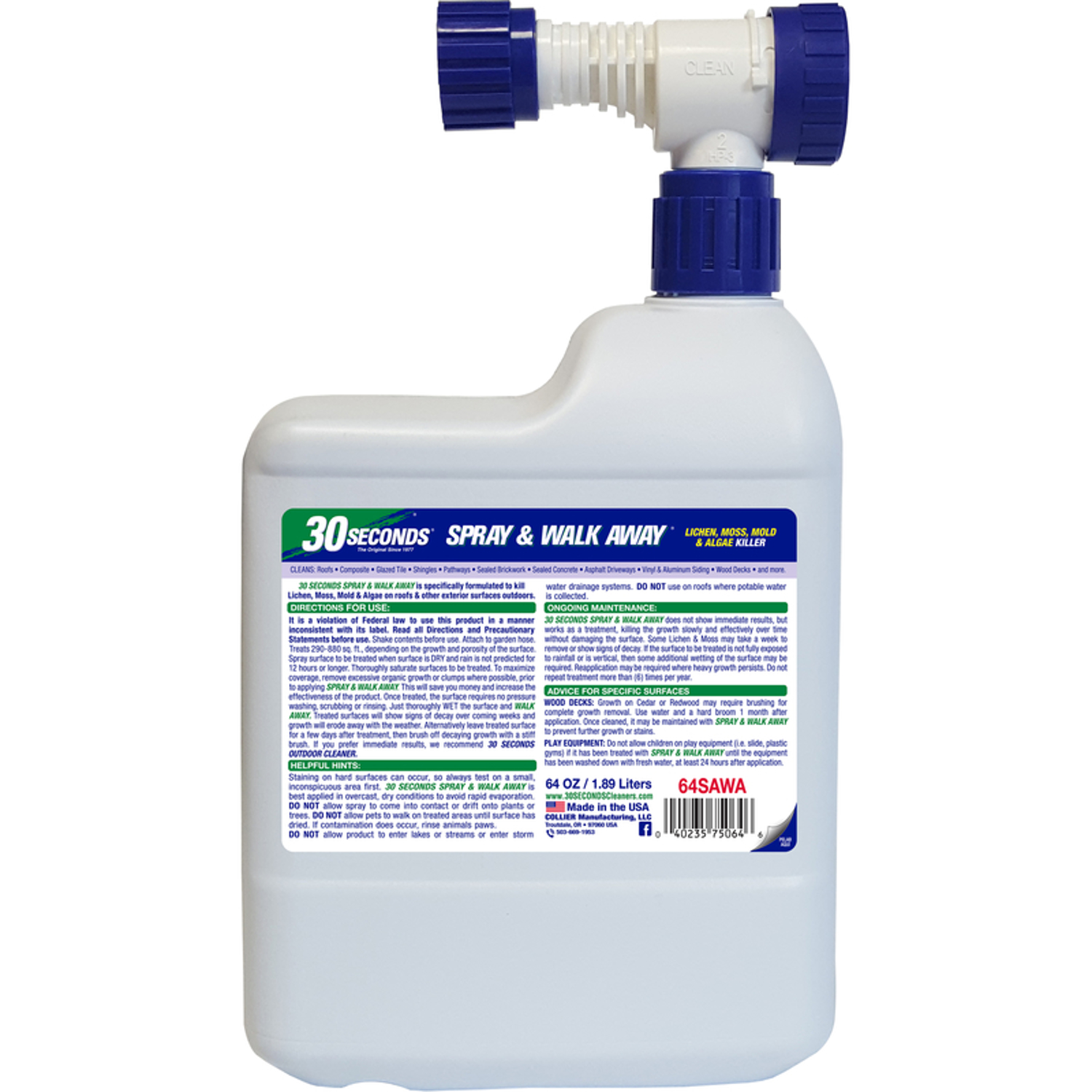 30 Seconds Spray & Walk Away Lichen, Moss, Mold, Algae Killer 64 Oz