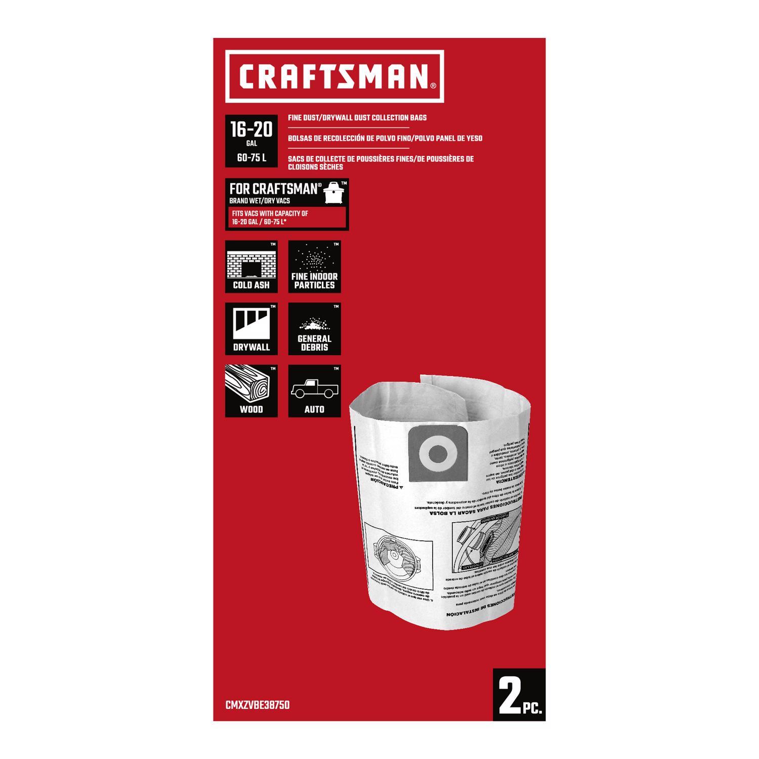 Craftsman 2 in. L X 12 in. W Wet/Dry Vac Bag 16-20 gal 2 pc