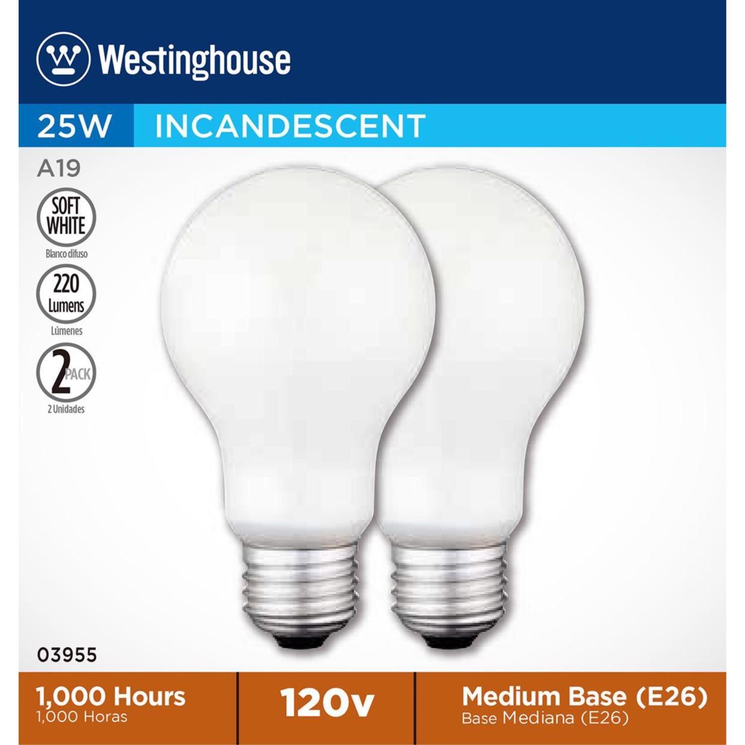 Westinghouse 25 W A19 A-Line Incandescent Bulb E26 (Medium) Soft White 2 pk