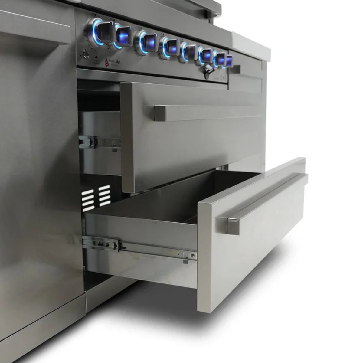 Mont Alpi 805 Island with Beverage Center and 90 Degree Corner / 6-Burner Grill, 2 Infrared Burners, Sink, Fridge, Stainless Steel